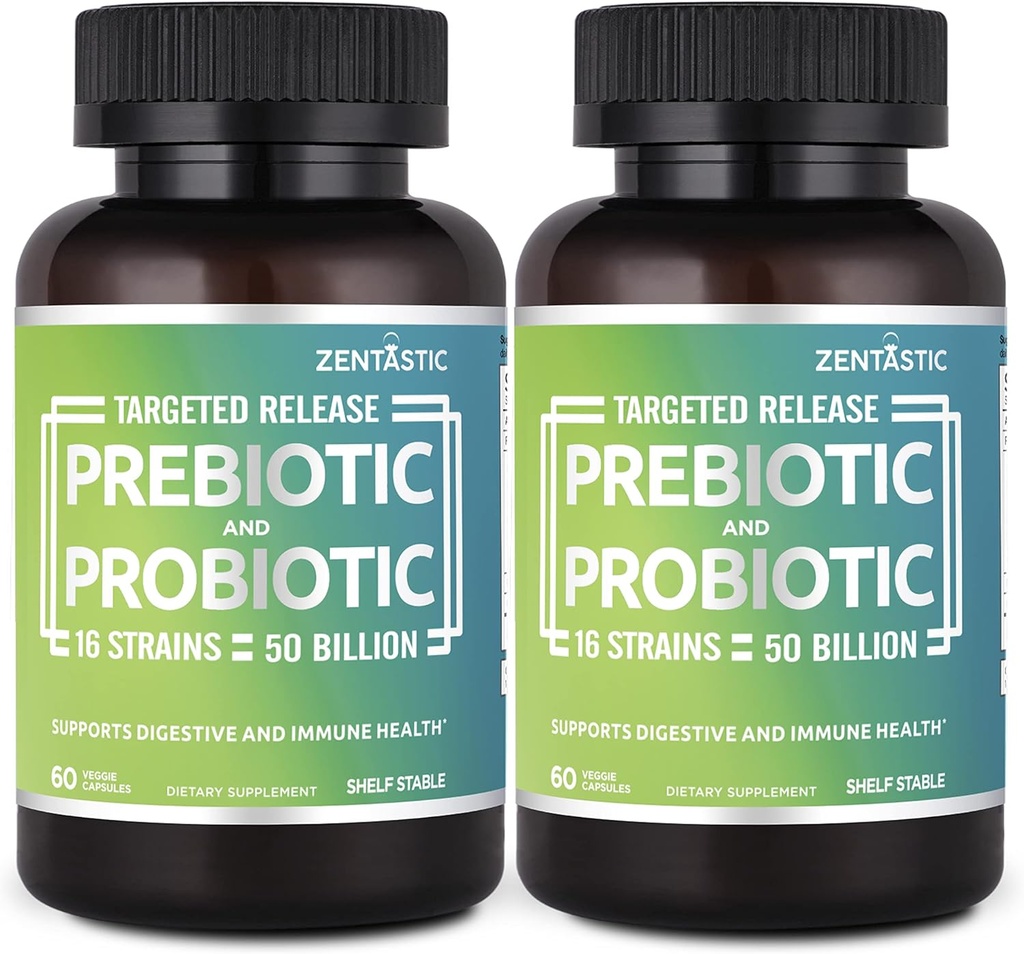 Zentastic Probiotics & Prebiotics Supplement - 50 Billion CFU - for Men &amp; Women’s Immune & Digestive Health - 16 Strains - Shelf Stable - 120 Delayed Release Veggie Capsules