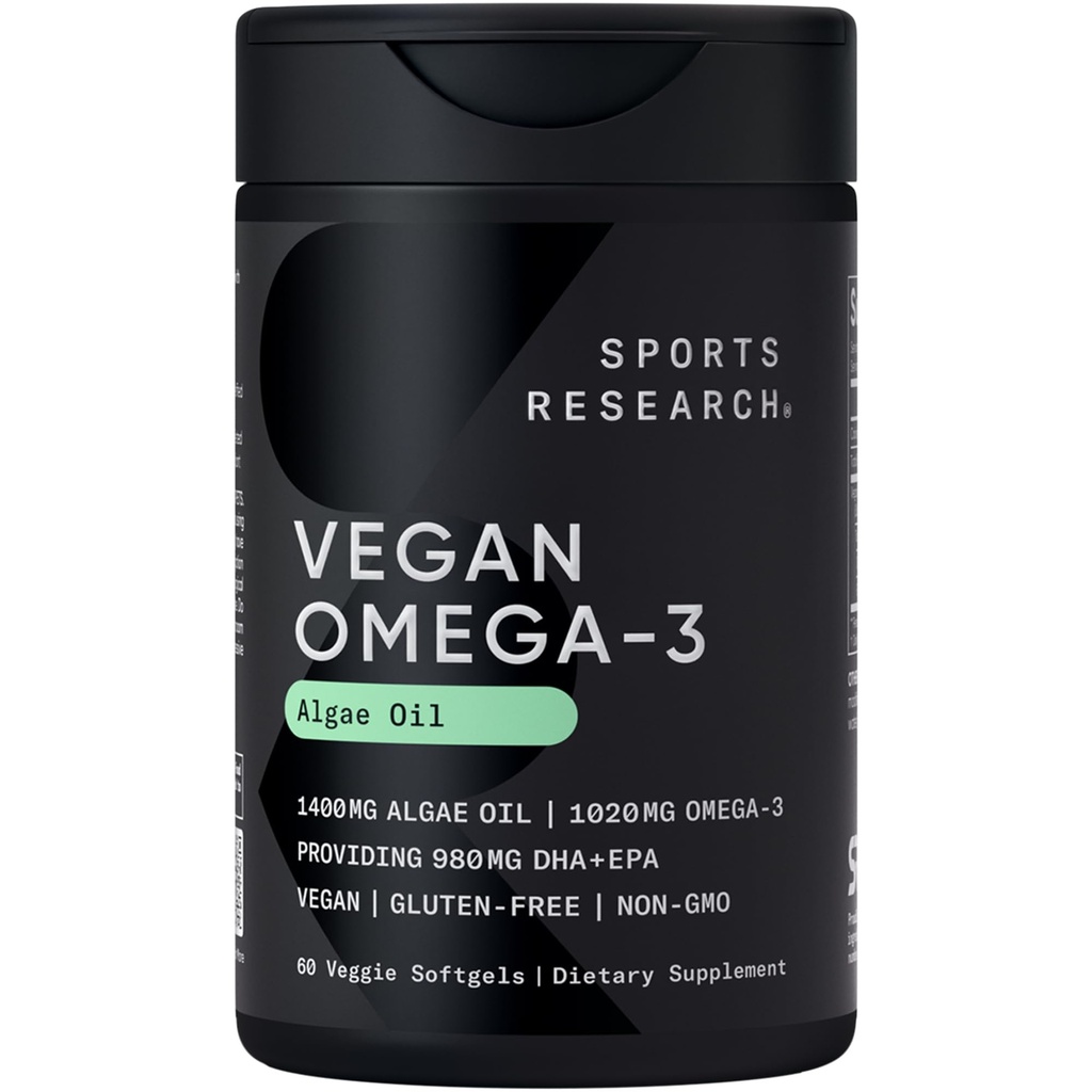 Sports Research Vegan Omega-3 Fish Oil Alternative from Algae Oil - Highest Levels of Vegan DHA &amp; EPA Fatty Acids ← Non-GMO Tested - 60 Veggie Softgels (Carrageenan Free)