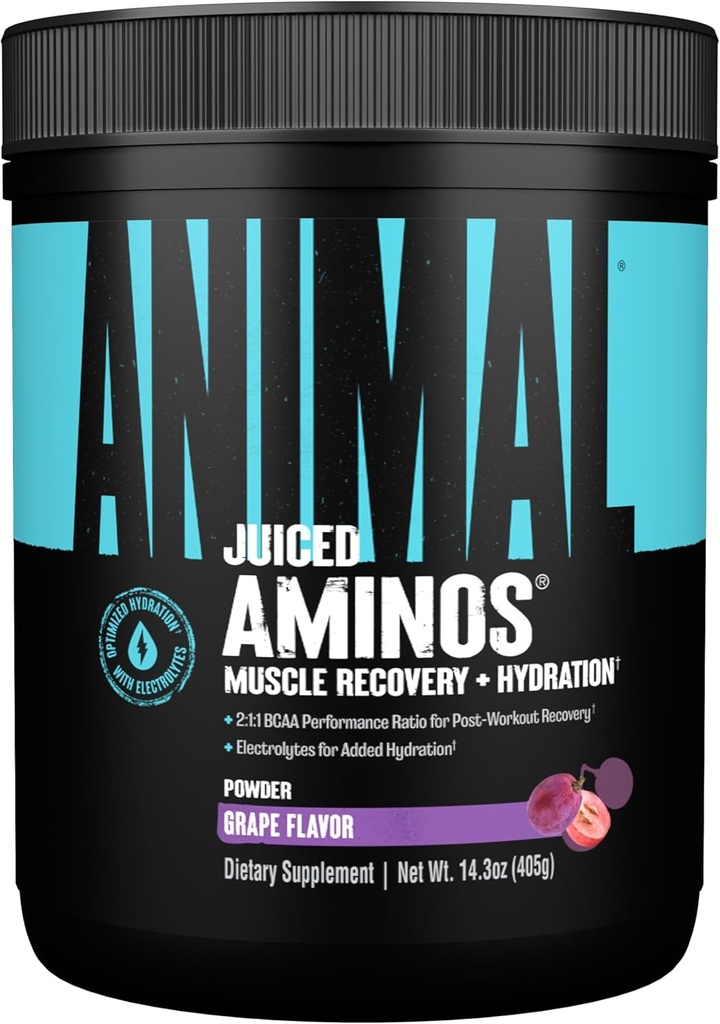 Animal Juiced Amino Acids - BCAA Powder EAA Matrix Plus Hidratación con electrolitos y sal marina Recuperación de cualquier momento y rendimiento mejorado, Flavor de uva de uva, 30 Servimientos