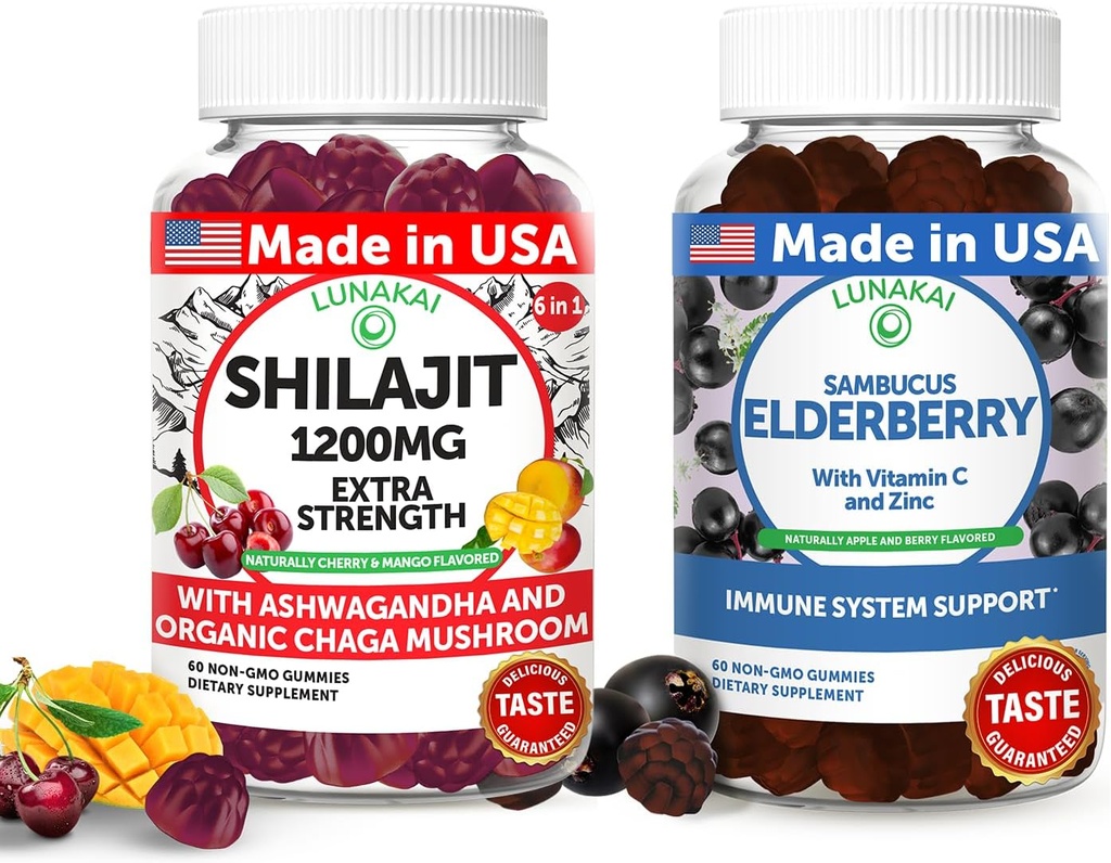 Lunakai USA Made Shilajit " Elderberry Gummies Bundle – Energy and Immune Support – Non-GMO " Delicious