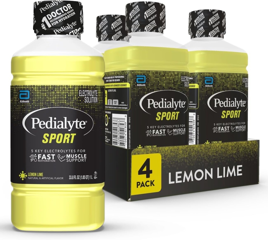 Pedialyte Sport Electrolyte Drink, Fast Hydration with 5 Key Electrolytes for Muscle Support Antes, Durante, " After Exercise, Lemon Lime, 1 Liter, Pack of 4