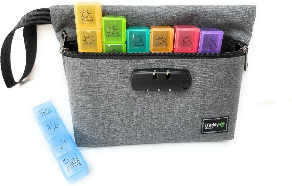 Kaddy semanal AM/PM Caja de Organizador Seguro de Píldora, (7-Día / 4-Times-A-Day) Viajes portátiles con grandes departamentos para medicamentos, suplementos y vitaminas, 3 Digit Lock for Safety