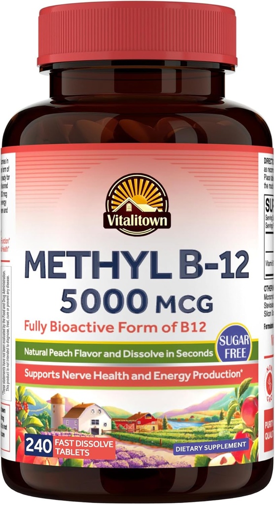 Vitalitown Vitamin B12 (Methyl B12) 5000 mcg, Fully Bioactive Form, Support Energy Production, Natural Peach Flavor, Zero Sugar, 240 Fast Dissolve Tablets