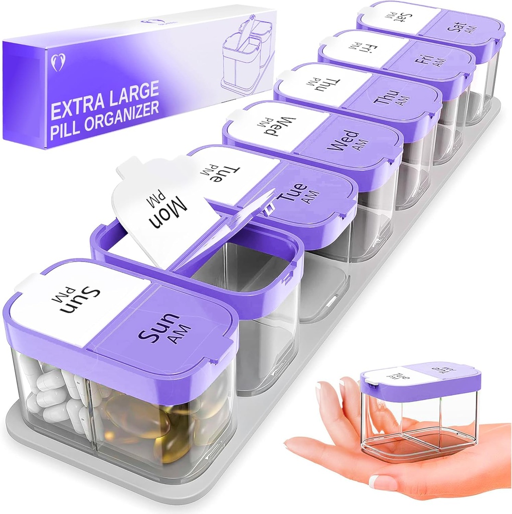 Extra Large Weekly Pill Organizer - XL Vitamin Holder with 7 Detachable AM PM Compartments - dispensador de medicina portátil para el hogar y el viaje, gran contenedor de suplemento para uso semanal o diario, púrpura