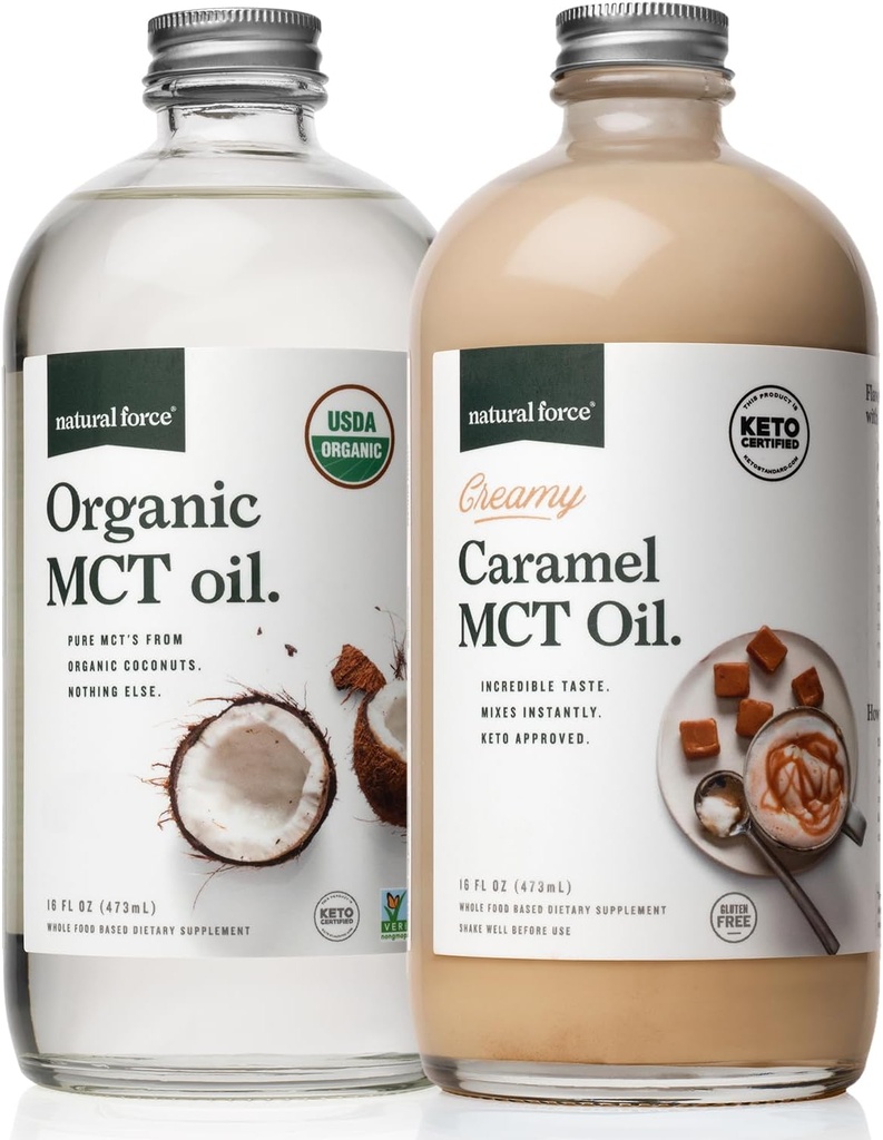 Natural Force Creamy Caramel MCT Petróleo + MCT de espectro completo orgánico Petróleo – Libre de gluten, no GMO, 100% Cacahuates puros de coco orgánico – Keto, Paleo y Vegan – 2x 16 botellas de vidrio de onza
