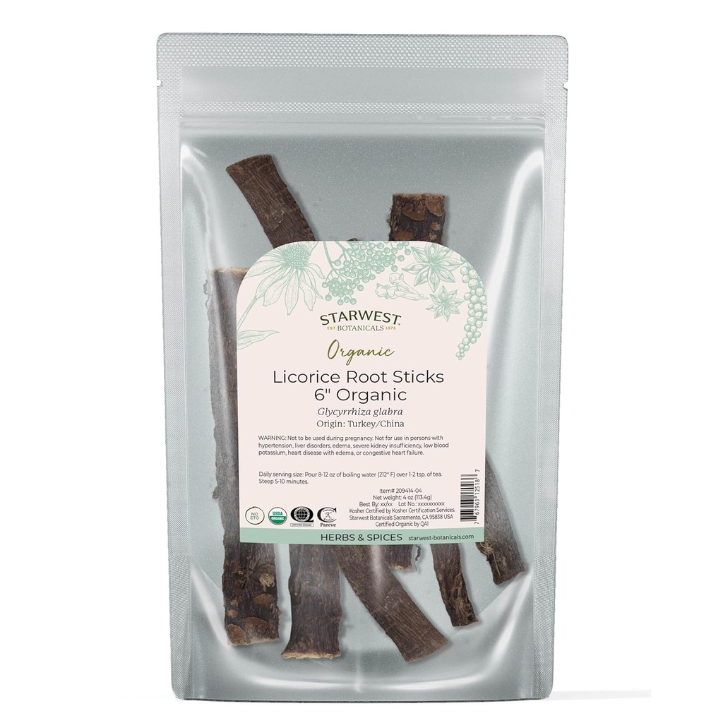 Starwest Botanicals Organic Dried Licorice Root Sticks 6" - Herb for Loose Leaf Tea Blends, Candy, " Baked Goods, Cut " Sifted, Certified Kosher, Non-GMO - 4 oz Pouch
