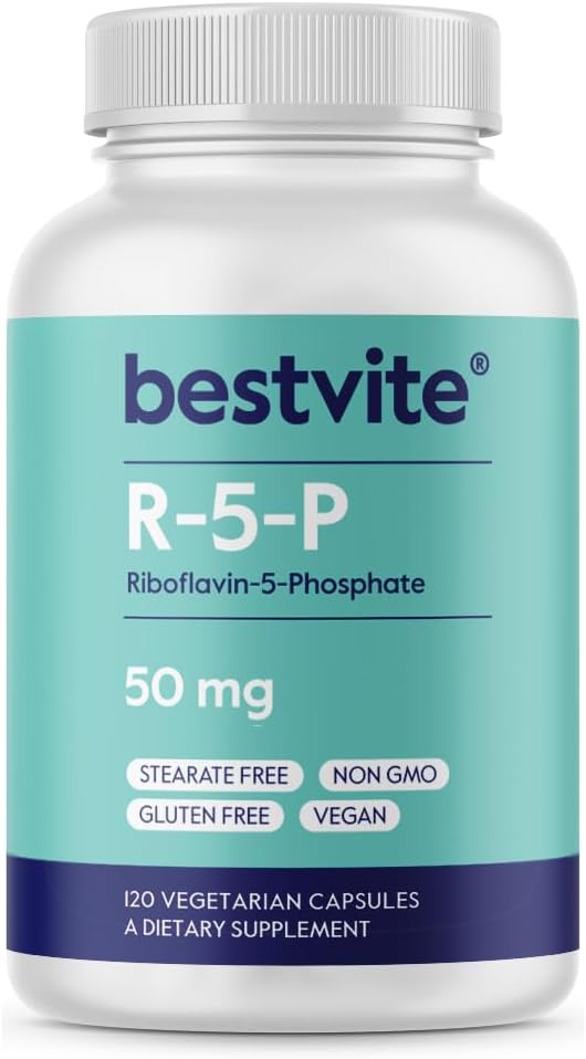 BESTVITE Riboflavin-5-Phosphate 50mg (120 cápsulas vegetarianas) - No Stearates - Vegan - No GMO - Gluten Gratis - Forma bioactiva de vitamina B2
