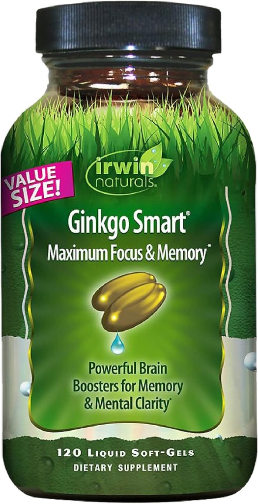 Irwin Naturals Ginkgo Smart Powerful Nootropic Brain Booster - Admite la memoria máxima, Focus " Mental Clarity with DMAE, Clubmoss, Choline " Acetyl L-Carnitine - 120 Liquid Softgels