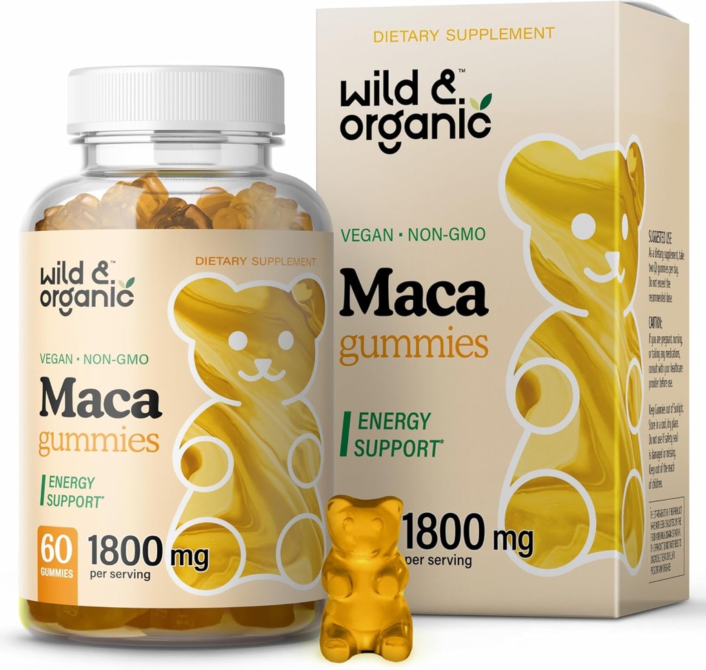 Wild &amp; Organic Maca Root Gummies 1800mg - Amarillo, Rojo, Negro Maca Powder Chews for General and Mood Support - Suplemento peruano para Hombres y Mujeres - 60 Vegan, No GMO Gummies