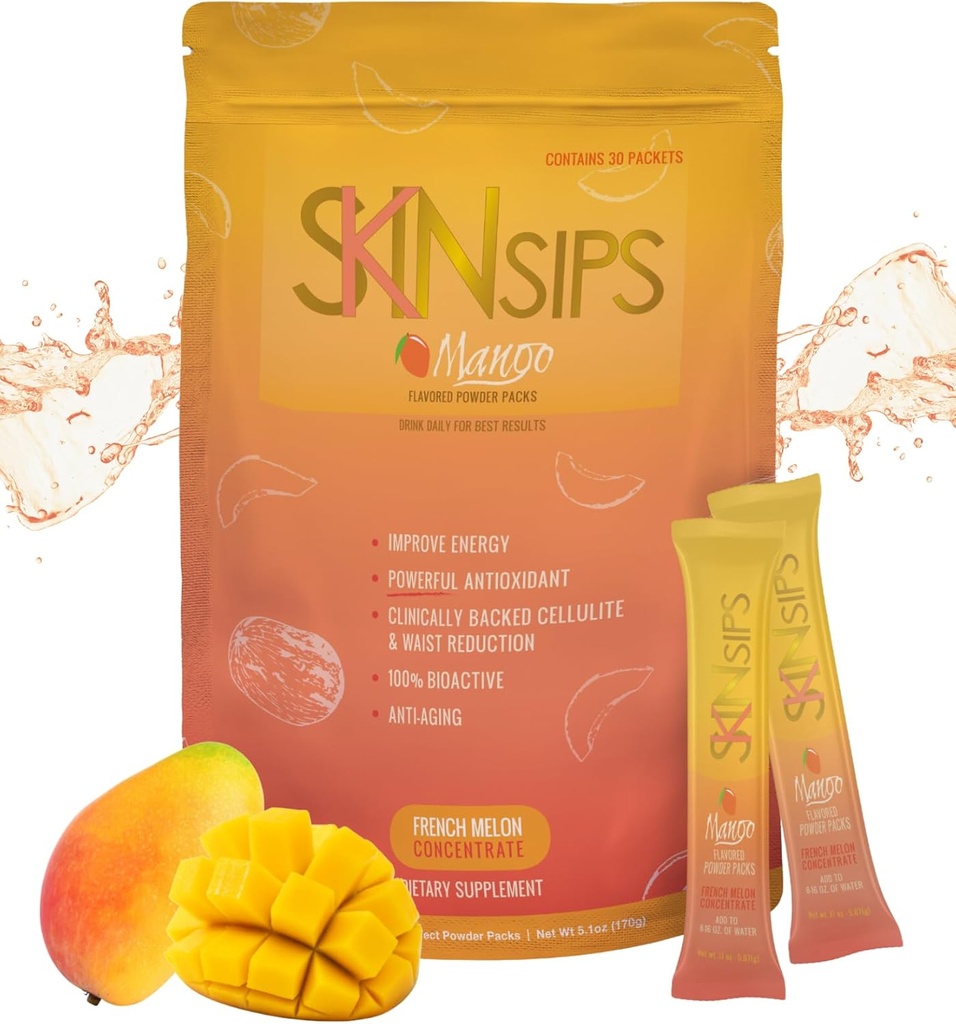 Skin Health &amp; Energy Boost Drink Mix- Sugar Free, SOD B (TM), Antioxidantes del concentrado de melón francés, en los paquetes Go Stick, Mango, 30 Pack