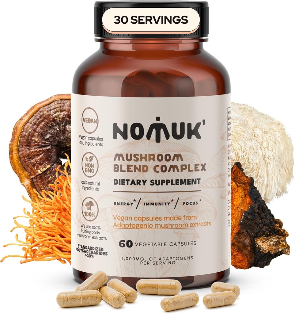 Mushroom adaptogénico Extracto de leones lince Mane, Reishi, Cordyceps, Chaga Suplemento, 60 cápsulas.