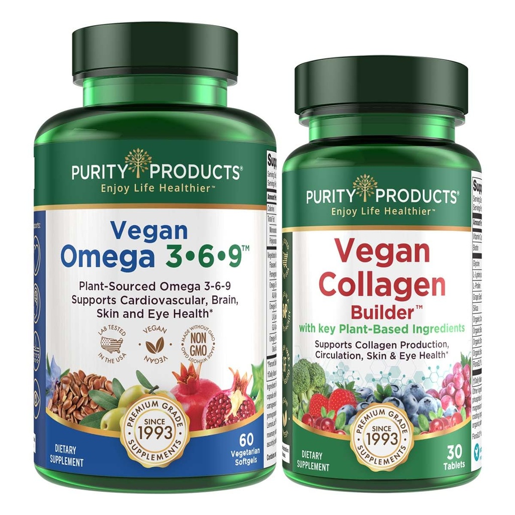 Purity Products Bundle - Vegan Omega 3-6-9 + Vegan Collagen Builder Omega 3-6-9 (“5 en 1” ácido graso esencial de Omega de base vegetal) - Vegan Collagen Builder (w/Key Ingredientes de base vegetal &amp; Más)