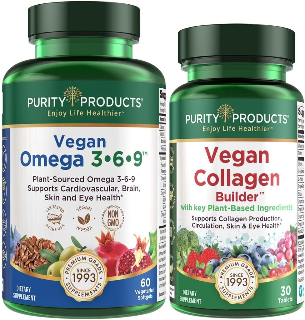 Purity Products Bundle - Vegan Omega 3-6-9 + Vegan Collagen Builder Omega 3-6-9 (“5 en 1” ácido graso esencial de Omega de base vegetal) - Vegan Collagen Builder (w/Key Ingredientes de base vegetal &amp; Más)