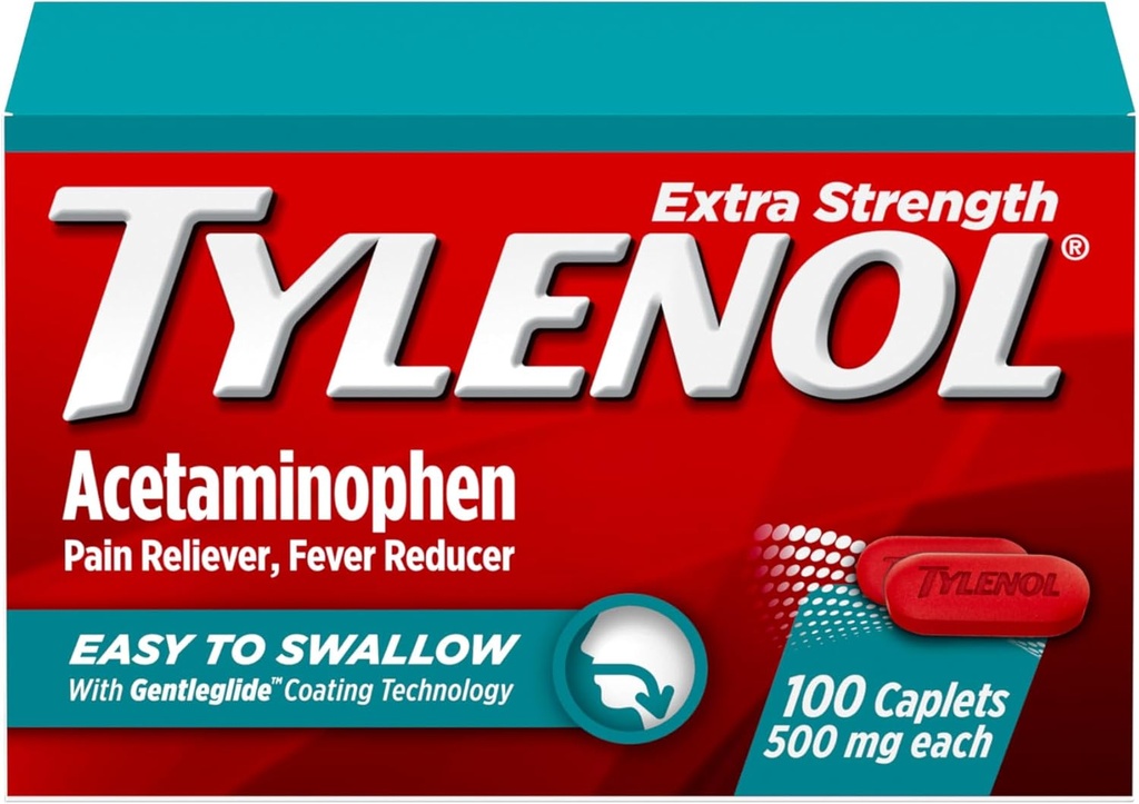 Tylenol Extra Strength Easy to Swallow Acetaminophen, Doin Reliever & Fever Reducer Caplets Coated for Adults with Gentleglide Technology, 500 mg Extra Strength Acetaminophen, 100 ct