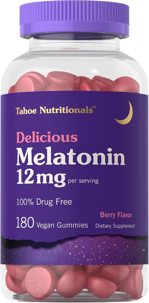Carlyle Tahoe Nutricionales Melatonin Gummies 12mg  180 Conde ← Berry Flavor Gummy tóxico Drug Free Supplement ← Vegan, Non-GMO, Gluten Free