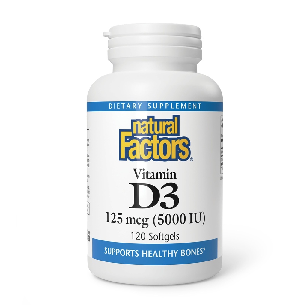 Factores naturales - Vitamina D3 5000 UI, soporta huesos saludables, 120 geles blandos
