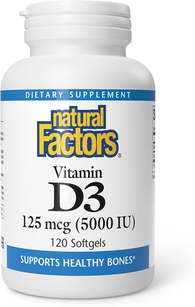 Factores naturales - Vitamina D3 5000 UI, soporta huesos saludables, 120 geles blandos
