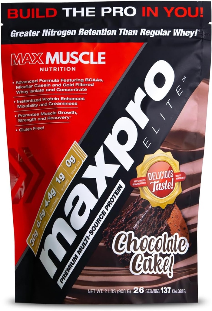 Max Muscle Maxpro Elite Premium Proteína multifunción Ø Bcaas, Micellar Casein, Cold Filtrado Whey Isolate y Concentrate Silencio promueve el crecimiento muscular, la fuerza y la recuperación (2lb)