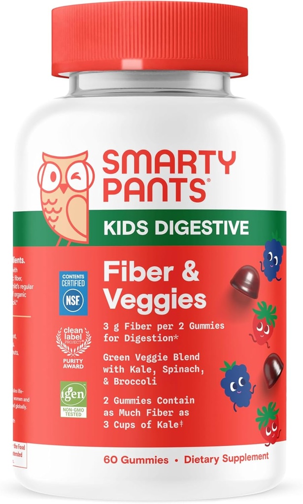 SmartyPants Kids Fiber & Veggies: Prebiotic Fiber Gummies for Kids, Fiber Supplement with Inulin, Organic Green Veggie Blend, Vegan, Gluten Free, Mixed Berry Flavor, 60 Count (30 Day Supply)