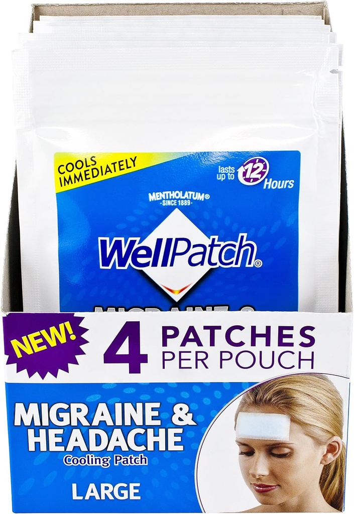 WellPatch Migraine & Headache Cooling Patch - Drug Free, dura hasta 12 horas, seguro de usar con medicamentos - Patches grandes (4 paquetes de 4 parches), Cada 4.3 x 2 en