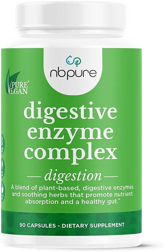 Complejo Nbpure Vegan Digestive Enzyme – Daily Bloating, Gas, " Food Digestive Support for Women " Hombre – 12 Enzymes " 3 Herbs – Lactase, Protease, Lipase, Ginger, Cinnamon, Peppermint + Más