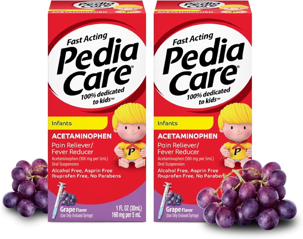 Suspensión Oral de Acetaminofeno Suspensión Líquida, Aceleración del Dolor de la Infantería/Reductor Fever con Syringe Fácil de Usar, Alcohol Cero o Aspirina o Ibuprofeno, Sabor de la uva, 1 fl oz (2 Pack)