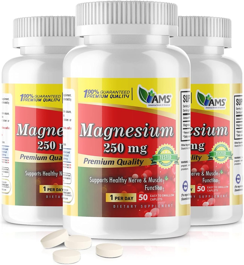 América Medic &amp; Science Magnesium 250 mg (150 cápsulas) ← Pack of 3 Bottles ← Magnesium Oxide Suplemento para Hombres y Mujeres Silenciosos Soportes saludables Nerve y funciones musculares TENCIÓN