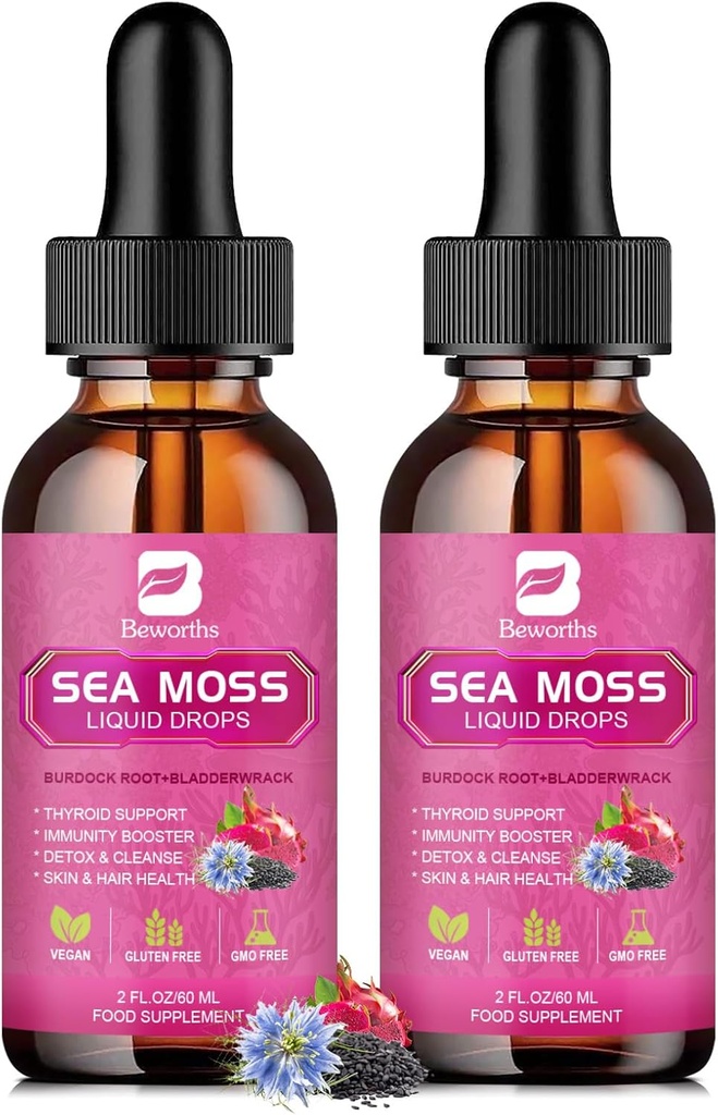 Sea Moss Liquid Drops - Black Seed Oil & Irish Sea Moss Gel with Burdock Root Bladderwrack, Elderberry, Spirulina, Seamoss Supplement for Energy Booster, Digestive Health - 4 Fl Oz, Vegan