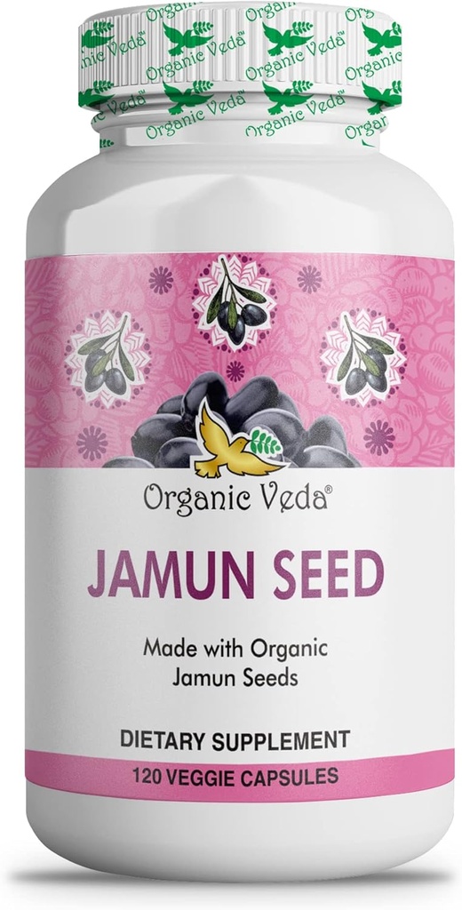 Fundas de semillas de Jamun orgánicas, BlackBerry indio -100% Natural Jamun Seed Suplemento - Eugenia Jambolana Capsules Promueve la piel radiante suave, energía &amp; salud general - US FDA Registrado - 120 Conde