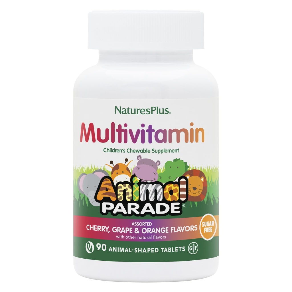 NaturesPlus Animal Parade Sugar-Free Children's Multivitamin - Assorted Cherry, Grape & Orange Flavors - Pack of 2, 90 Chewable Tablets - 90 Total Servings
