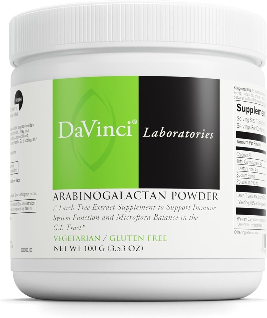 DAVINCI Labs Arabinogalactan Powder - Probiotic Support Supplement Aids Immune System, GI Health & Microflora Balance* - Prebiotic Fiber Supplement with Larch Tree Extract - 20 Servings (100 g)