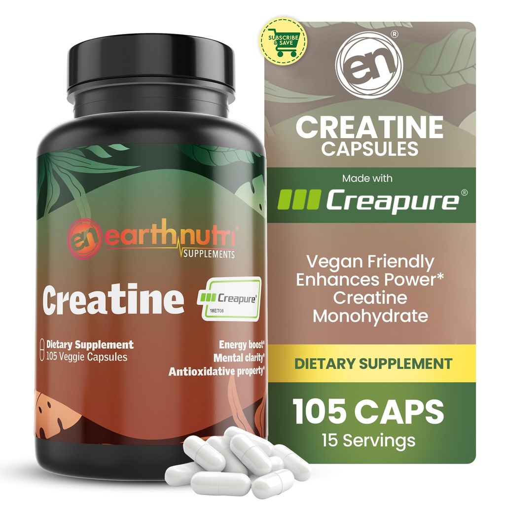 EarthNutri Cretine Monohydrate Capsules - Micronized for Better Absorption - Supports Muscle Strength, Strength & Recovery - 105 Capsules (5000mg por Serving, 7 cápsulas)