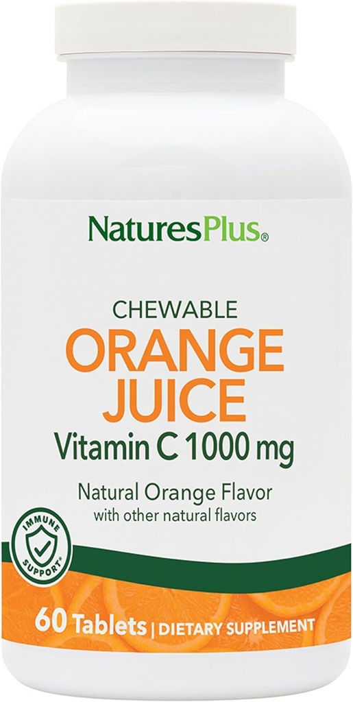 NaturesPlus Orange Juice - 60 Chewable Tablets - 1000mg Vitamina C - High-Potency Immune Support Suplemento, Antioxidante - Vegan, Gluten Gratis - 60 Servings