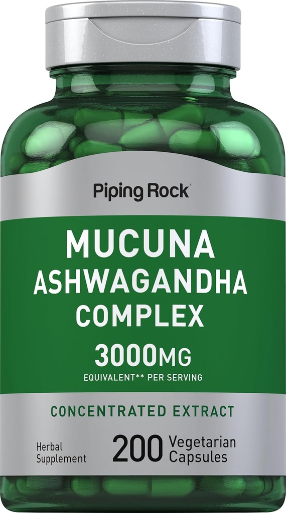 Piping Rock Mucuna Ashwagandha 3000mg ← 200 Capsules ← Complejo Suplemento Extracto para Mujeres y Hombres
