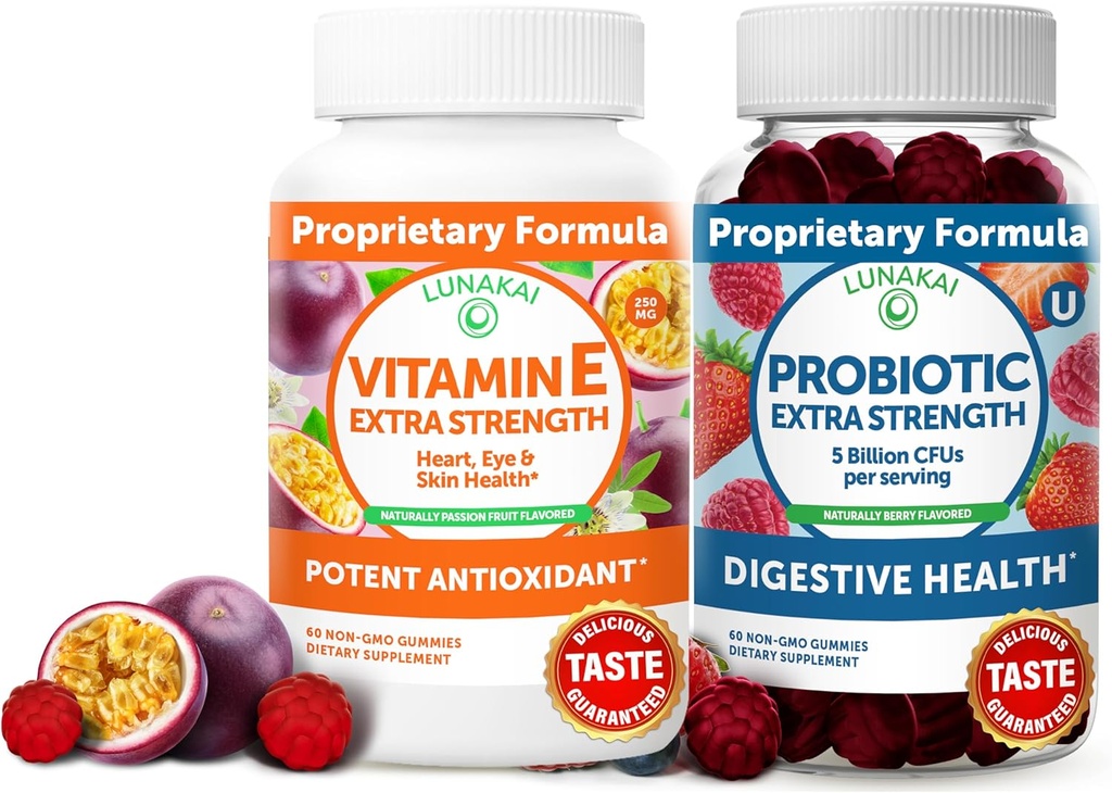 Lunakai Vitamina E and Probiotic Gummies Bundle - 3000 mcg Gummies for Adults Energy Support - with 5 Billion CFUs Por Serving for Digestive Health - Non-GMO, All Natural