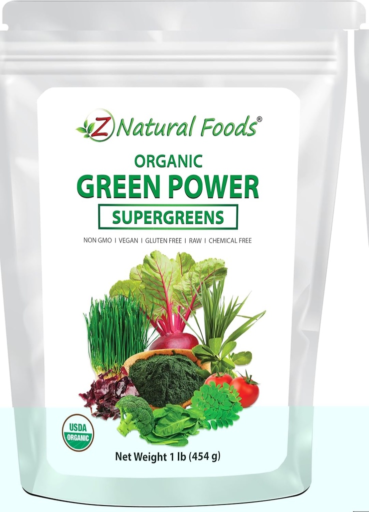 Z Natural Foods Organic Greens Superfood Powder - Barley Grass, Wheatgrass, Spirulina, Spinach, Broccoli, Alfalfa Leaf, Beet Root, Tomato, Dulse &amp; Moringa - Raw Vegan Gluten Gratis - 1lb