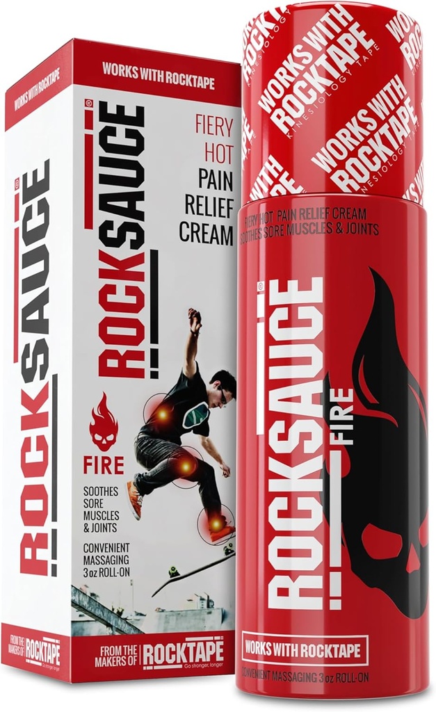 RockSauce Fire, 3 oz Roll-On - Easy to use Pain Relief Cream - Capsaicin &amp; Menthol Fórmula Alimenta el músculo " Joint Pain - Works w/ RockTape - No-Mess Applicator - Dye-Free, Won't Stain Clothess