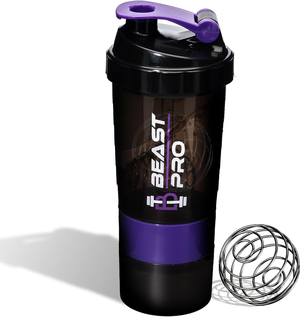 Beast Pro Shaker Bottle For Protein Shakes and Pre workouts ◾ Protein &amp; Pill Storage Bin ← Plastic Shaker Bottle ← Leak Proof ← BPA Free (Purple)