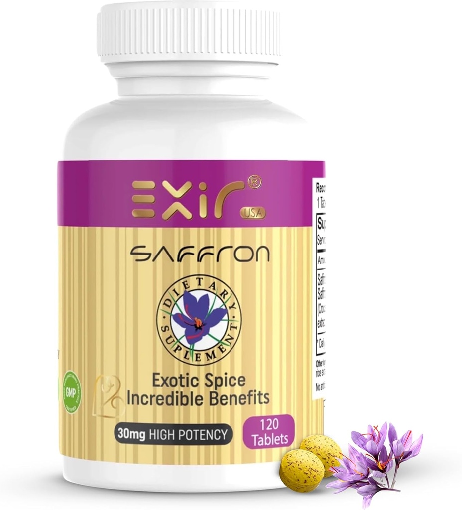 Suplemento de Saffron EXIR – Ojo, Mood, Heart &amp; Stress Support, 120 Tablets – High Potency 30mg Saffron with Safranal for Memory, Energy, Digestive &amp; Emotional Wellness