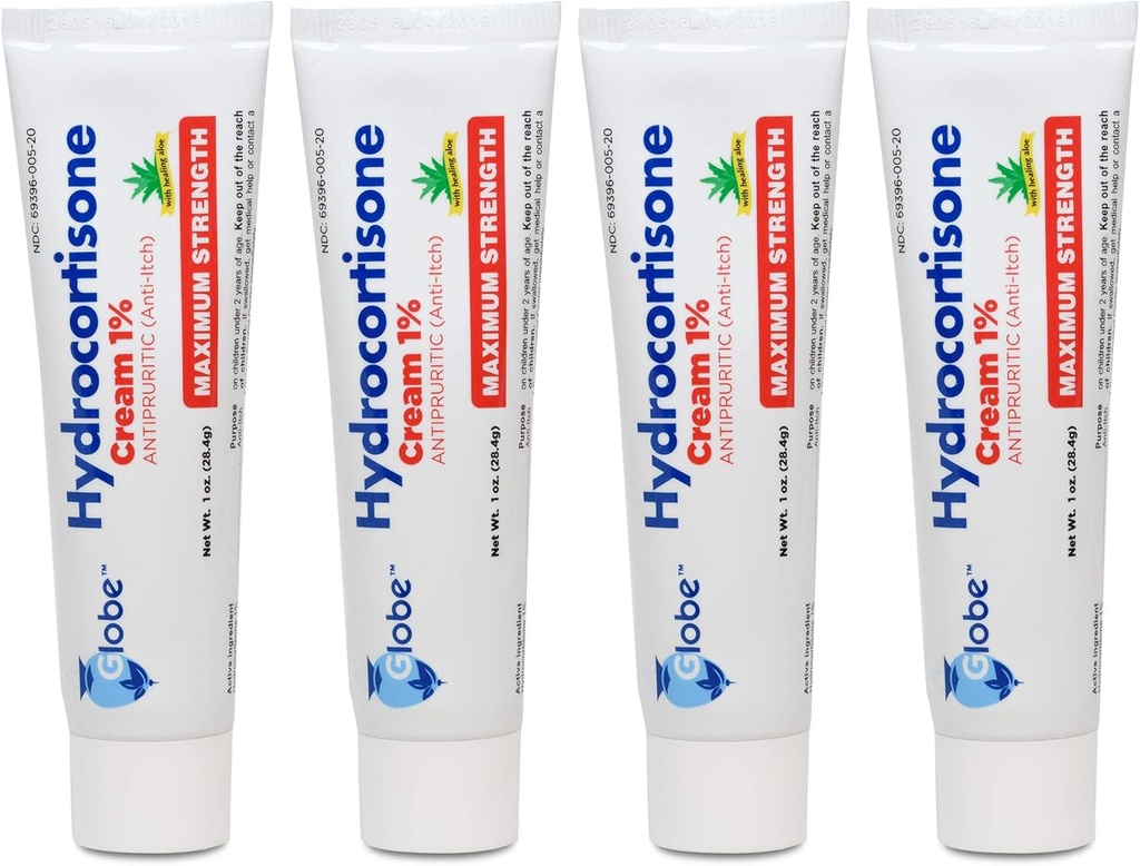 Globe (4 Pack) Hydrocortisone Crema Anti-Itch máxima de fuerza máxima 1% w/Aloe, Fórmula intensiva para el enrojecimiento, rash, Bug &amp; Mosquito Bites, Eczema, Hemorrhoids, Skin Sensitive, Instant Itch Relief,1 oz Tube