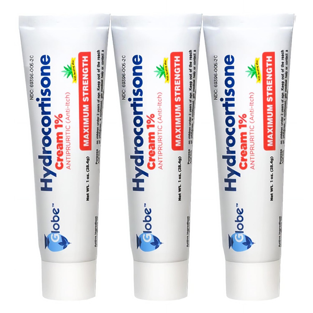 (3 Pack) Globe Hydrocortisone Maximum Strength Cream 1% w/Aloe, Anti-Itch Cream for Redness, Swelling, Itching, Rash, Bug/Mosquito Bites, Eczema, Hemorrhoids & More