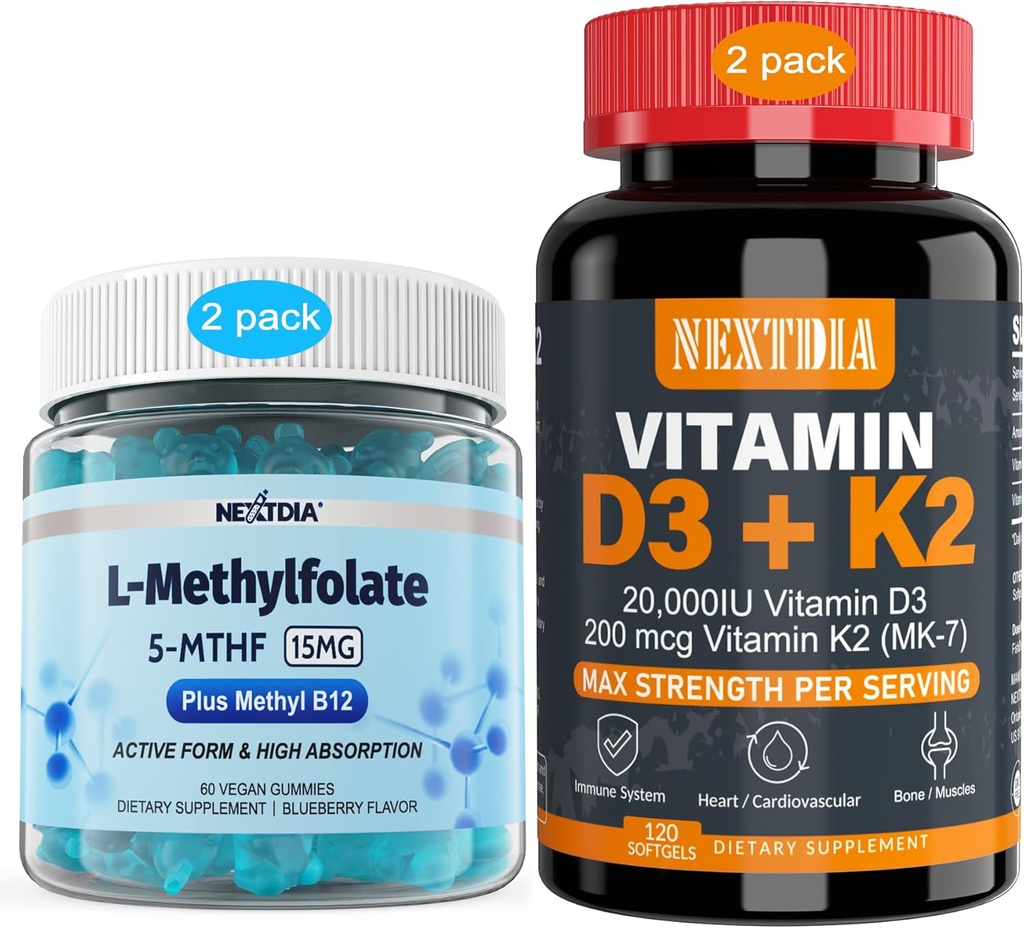 Vitamina D3 20.000 UI + K2(MK7) 200mcg, L-MethylFolate 15mg &amp; Methyl B12 Gummies