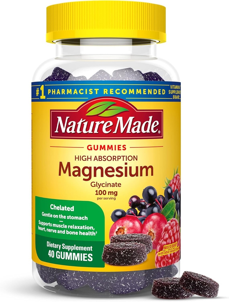 Nature Made High Absorption Magnesium Glycinate Gummies 100 mg per Serving, Muscle, Nerve, Bone and Heart Support, Magnesium Supplement, 40 Magnesium Gummies, 20 Day Supply