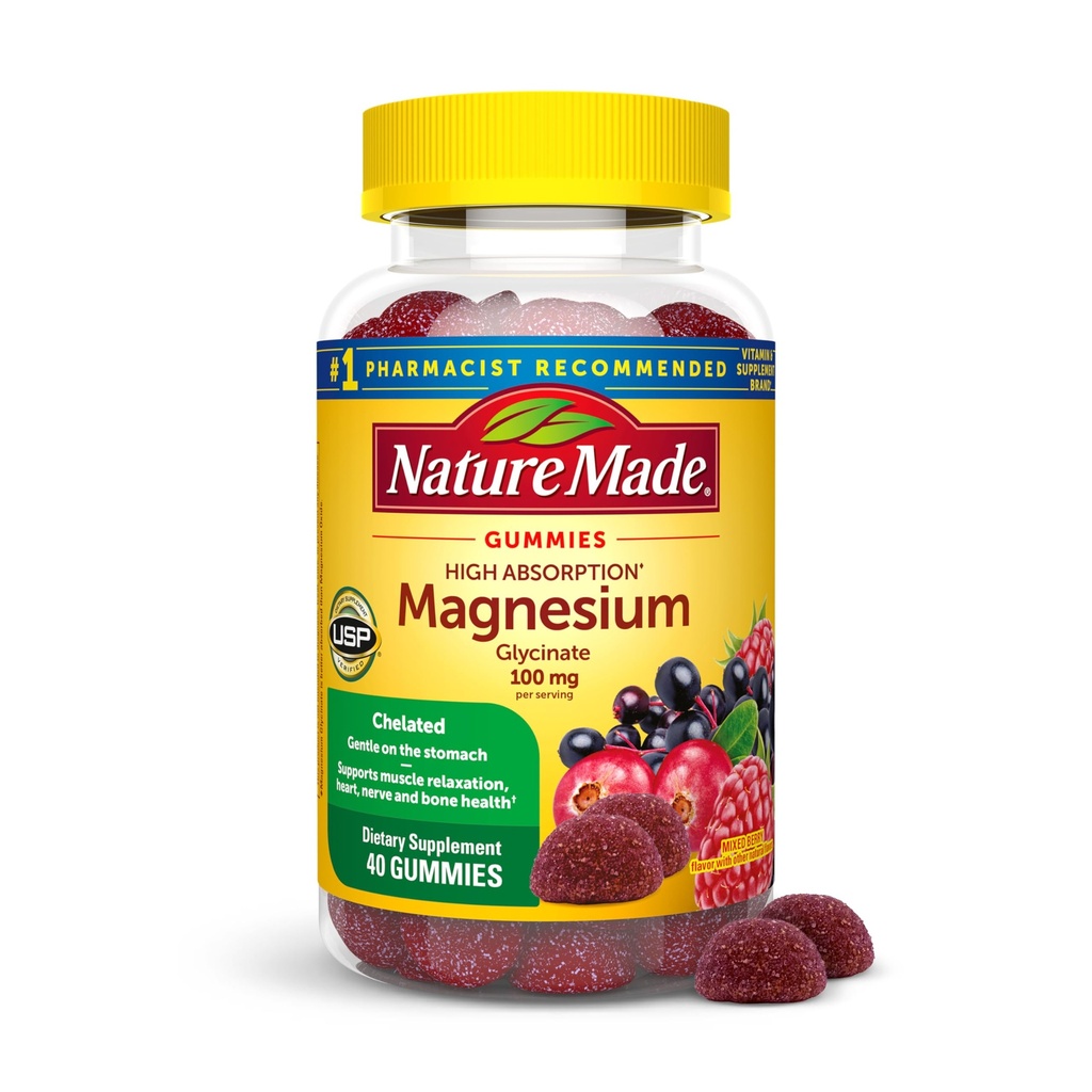 Nature Made High Absorption Magnesium Glycinate Gummies 100 mg por Serving, Muscle, Nerve, Bone y Heart Support, Magnesium Supplement, 40 Magnesium Gummies, 20 Day Supply
