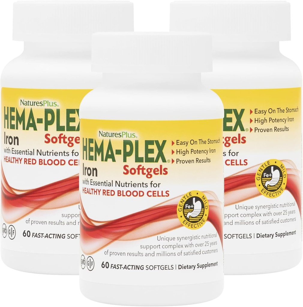 NaturesPlus Hema-Plex Iron - 60 Fast-Acting Softgels - 3 Pack - 85 mg Iron + Vitamina C & Bioflavonoids for Healthy Red Blood Cells - Gluten Free - 60 Total Servings