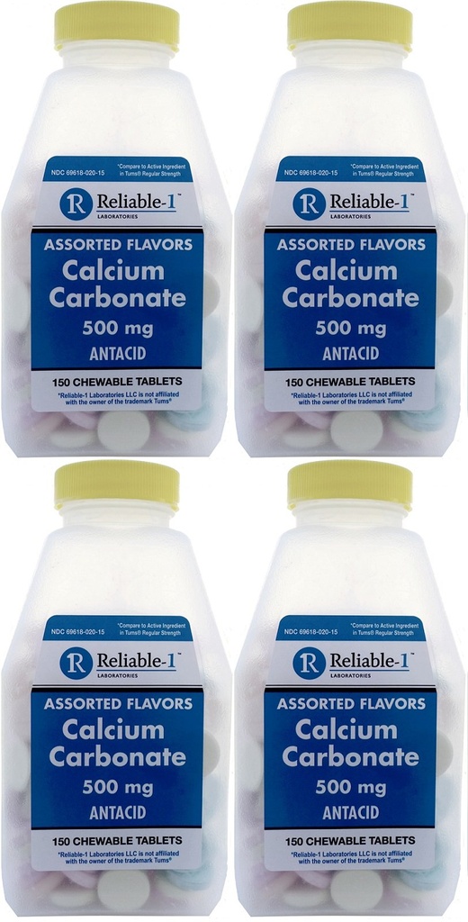 Calcio 500 mg Genérico para Tums surtidos Frutas Flavored Chewable Tablets Regular Strength Antacid for Acid Indigestion, Heartburn, Sour Stomach 150 Chewable Tablets per Bottle Pack of 4