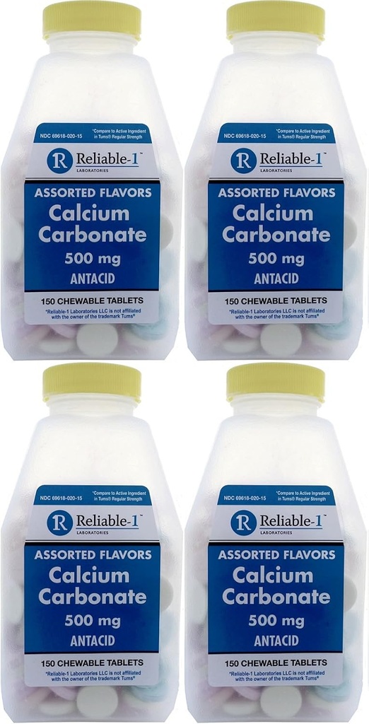 Calcio 500 mg Genérico para Tums surtidos Frutas Flavored Chewable Tablets Regular Strength Antacid for Acid Indigestion, Heartburn, Sour Stomach 150 Chewable Tablets per Bottle Pack of 4