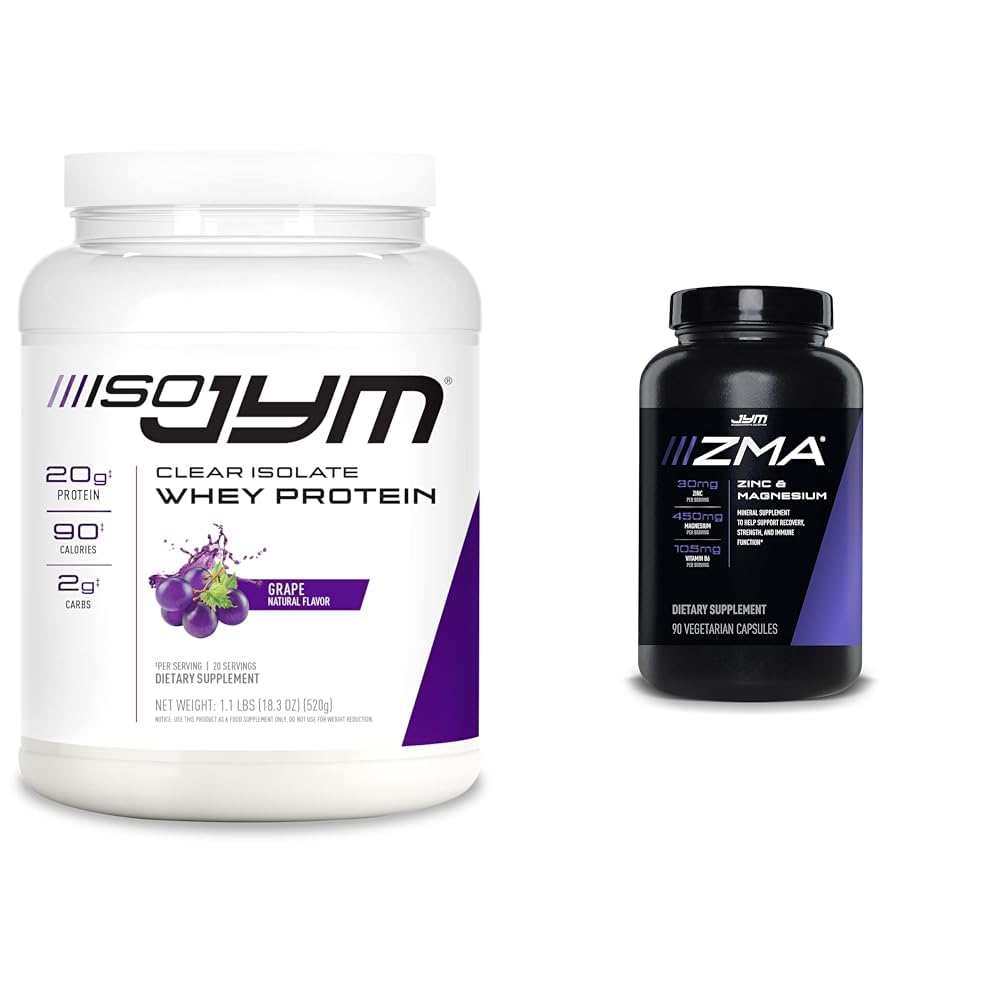 ISO JYM 20 Sirve Grape y JYM ZMA Zinc/Magnesium Capsules Suplemento con zinc, magnesio y vitamina B6