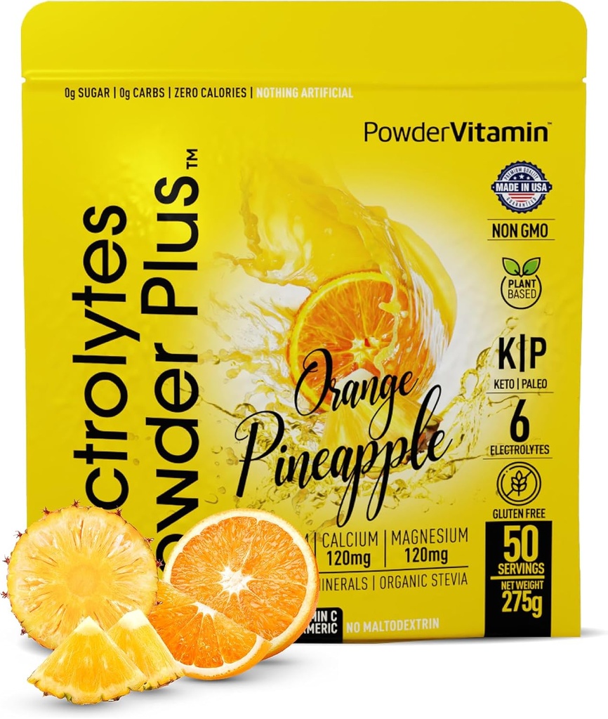 Electrolytes Powder Plus (50 Servings), 0 Calorie Keto, 0 Azúcar, No Maltodextrin,1000mg Potasio,120mg Calcio,120mg Magnesio, Hidratación Polvo (50 Servings, Piña naranja)
