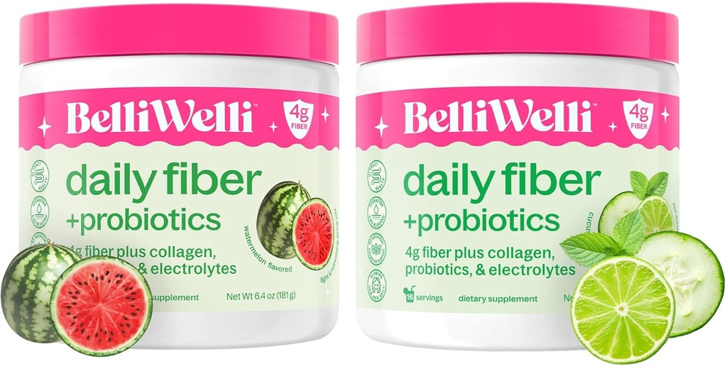 Belli Welli Daily Fiber Supplement Bundle - Cucumber Lime Mint & Watermelon - con Collagen, Probiotics & Electrolytes - Refreshing Wellness Flavors, 32 Total Servings